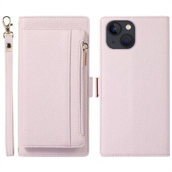 For iPhone 14 Plus Magnetisk, avtagbar lommebok med glidelås Litchi Texture 2-i-1 PU-skinn Støtsikkert telefondeksel med stropp