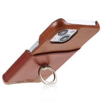 FIERRE SHANN For iPhone 14 Plus Ring Stativ Beskyttelsesveske Ekte lær+PU-skinn+PC Anti-slipp telefonbakdeksel med kortspor
