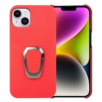 For iPhone 14 Plus ekte skinnbelagt PC-beskyttende Ring Kickstand Design Litchi Texture Sklisikker støtsikker veske