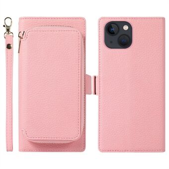 2-i-1 magnetisk lommebok telefonveske for iPhone 14 Plus Litchi Texture Støtsikker veske Glidelåskortveske PU- Stand med stropp