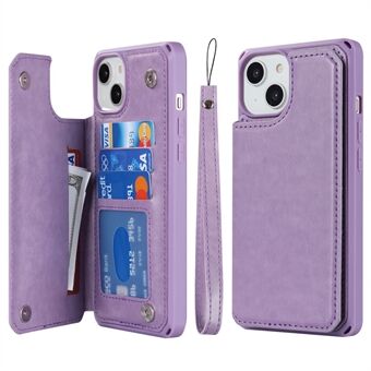 For iPhone 14 Plus -kortspor Design Kickstand PU-skinnbelagt TPU-telefonveske Antikollisjons lommebokdeksel med stropp