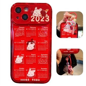 For iPhone 14 Plus Red Calendar TPU-telefondeksel med flip-speil og kjedebeskyttende telefondeksel