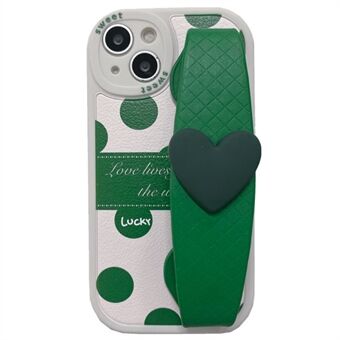 For iPhone 14 Plus Støtsikker grønne prikker mønster PU-skinnbelagt TPU-telefondeksel Bakdeksel med Love -armbånd