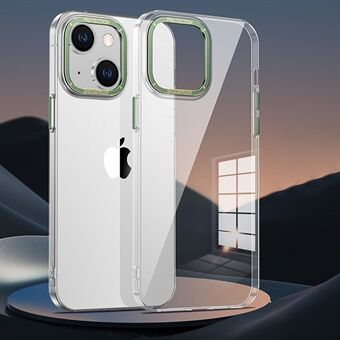 For iPhone 14 Plus , fallsikkert, gjennomsiktig PC-hardt bakdeksel med metallknapper og galvanisering av kameralinsedeksel