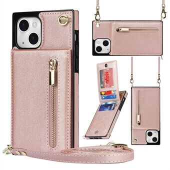 Kickstand telefondeksel for iPhone 14 Plus skinnbelagt TPU lommebok med glidelås med skulderstropp