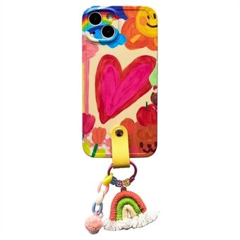 For iPhone 14 Plus fleksibel TPU-telefon Shell Hjertemønster dekselveske med regnbuedekor, skulderstropp i skinn