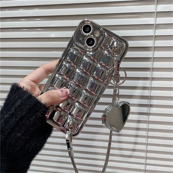 Elektropleringstelefondeksel for iPhone 14 Plus TPU-deksel med rutete design med hjerteformet speil og kjede