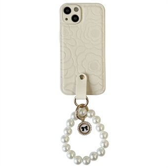 For iPhone 14 Plus telefonskall TPU+PU-skinndeksel Camellia-mønster telefonveske med perlekjede