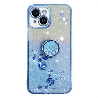 For iPhone 14 Plus Glitter Flower Pattern Mobiltelefonveske med Ring Kickstand TPU-deksel