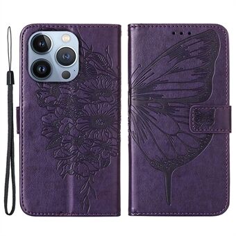 YB Imprinting Flower Series-4 for iPhone 14 Pro Max 6,7 tommer Butterfly Flower Imprinted PU- Stand Folio Flip Wallet Case