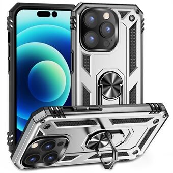 For iPhone 14 Pro Max 6,7 tommers Roterende Kickstand Telefonveske Myk TPU Hard PC-bakdeksel med innebygd metallplate
