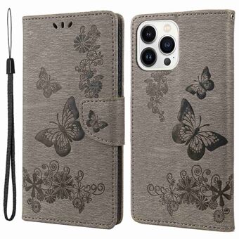 For iPhone 14 Pro Max 6,7 tommers støttestativ PU-skinn med Big sommerfugler Blomstermønster Stand Lommebok Telefonveske med stropp