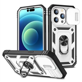 For iPhone 14 Pro Max 6,7 tommer telefonskall PC+TPU skyve kamera linsedeksel Designetui med stativ / kortspor