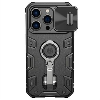 NILLKIN CamShield Armor Pro Kickstand-deksel for iPhone 14 Pro Max, dekktekstur fallsikker PC + TPU-telefondeksel med skyvelinsebeskyttelse