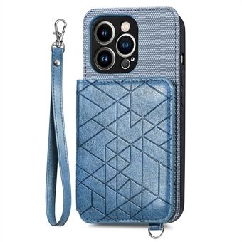 PU-skinnbelagt TPU Kickstand-deksel for iPhone 14 Pro Max, geometripåtrykt lommebok mobiltelefondeksel med stropp