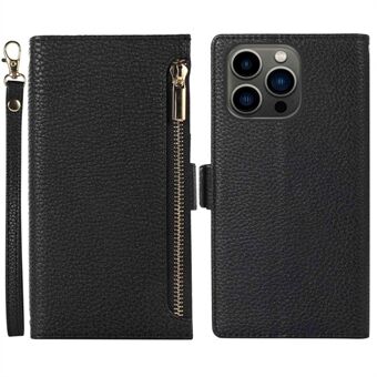 Litchi Texture Phone Case for iPhone 14 Pro Max, fallbestandig glidelåslomme PU-skinn flipdeksel lommebok med stropp