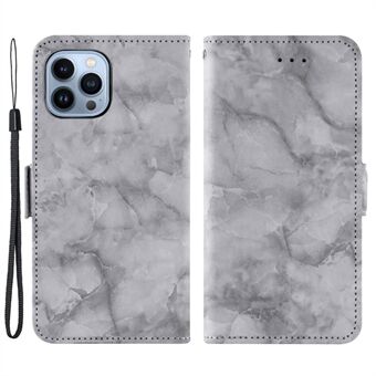 For iPhone 14 Pro Max marmormønster Stand skall, støtdempende dobbel magnetlås PU-skinn flip lommebokdeksel - grå