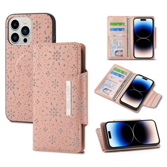 For iPhone 14 Pro Max Stilig påtrykt glitterblomsterdesign avtakbart etui PU-skinn+TPU Full beskyttelse telefondeksel med lommebok