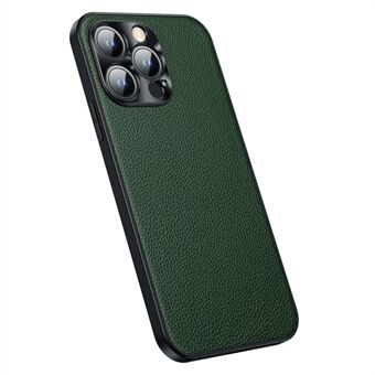 For iPhone 14 Pro Max telefondeksel Kuskinn + TPU bakdeksel Anti-drop Litchi Texture telefondeksel med metall kameraramme