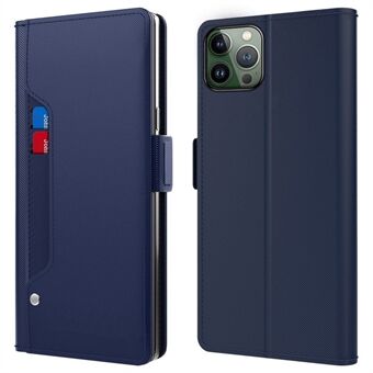 For iPhone 14 Pro Max PU Lær Flip Case Kortholder Stand Dobbel magnetlås Beskyttende telefondeksel med sminkespeil