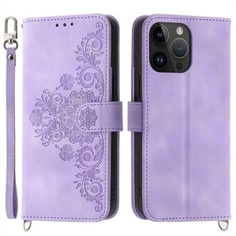 Skinnveske med påtrykt blomstermønster for iPhone 14 Pro Max, Stand lommebok med flere kortspor Telefondeksel med håndleddsstropp og skulderstropp