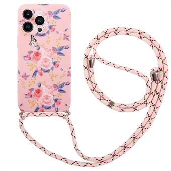 For iPhone 14 Pro Max IMD blomstermønster trykt TPU-deksel Anti Scratch med snor