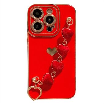 For iPhone 14 Pro Max Elektroplettering telefonveske Mykt TPU-bakdeksel med plysj Love-hjertestropp