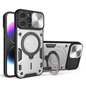 For iPhone 14 Pro Max Slide Kameralokk Telefonveske Fritt roterende Kickstand PC + TPU bakdeksel