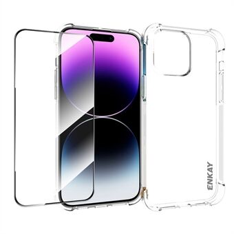 ENKAY HAT Prince For iPhone 14 Pro Max TPU telefonveske Anti-dråpe klart deksel med høy aluminium-silikon glass skjermfilm