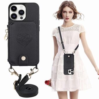 For iPhone 14 Pro Max lommebokveske med glidelås Kickstand PU-skinn+PC+TPU-telefondeksel med snor