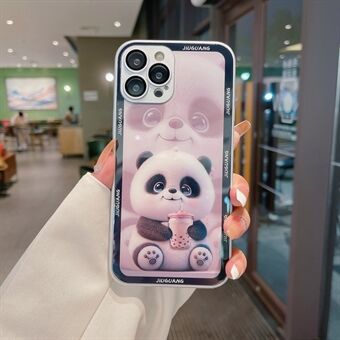 For iPhone 14 Pro Max Milk Tea Panda-mønsterutskrift herdet glass+TPU-deksel Telefondeksel med linsefilm