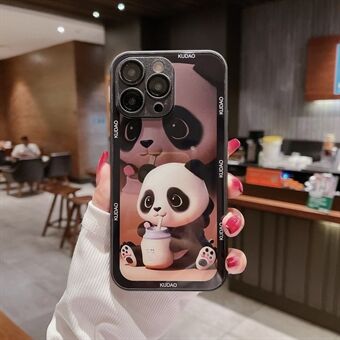 For iPhone 14 Pro Max Panda-mønster telefondeksel Herdet glass bakside TPU-rammedeksel med linsebeskytter