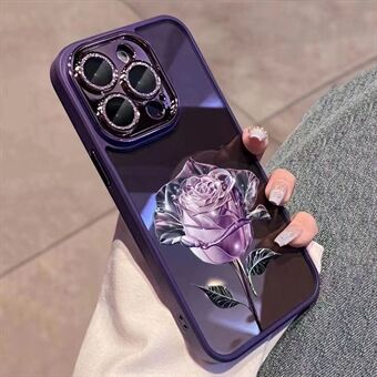 For iPhone 14 Pro Max Rose Blomstermønster Glitter Kameraring Ring TPU-deksel med linsefilm