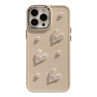 For iPhone 14 Pro Max 3D Heart Pearl Decor TPU-deksel Dråpebestandig telefonbakdeksel - Milky White