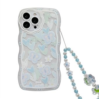 For iPhone 14 Pro Max Transparent telefonveske Hjerteformet sommerfuglmønster TPU-deksel med perlekjede