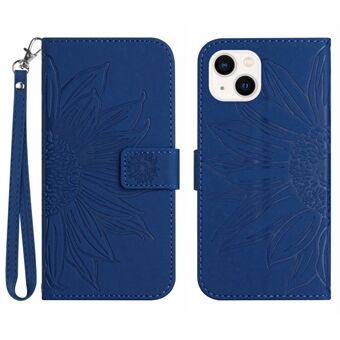 HT04 til iPhone 15 Med solsikker Mønster, Skin-touch Telefonveske med Ståfunksjon, Lær-lommebokdekselet med Håndreim