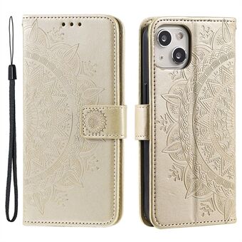 For iPhone 15 PU skinnstøtteomslag med mandala blomsteravtrykk lommeboktelefonveske med rem.