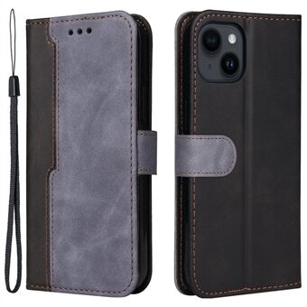 Telefon lommebokdeksel for iPhone 15 i forretningsstil, PU-skinn med to-farget splicing, flip-stativ og anti-slip-deksel.