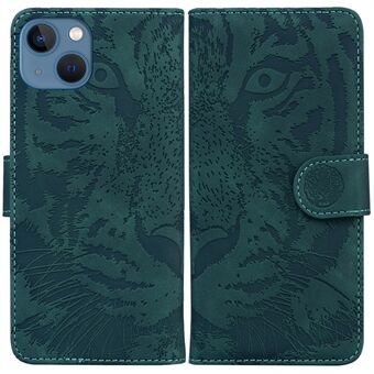 Inngravert tiger telefonveske for iPhone 15, PU-skinn full beskyttelse stående lommebokdeksel