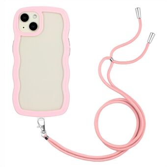 For iPhone 15 bølgeformet telefondeksel i plast og TPU med gjennomsiktig cover og justerbar snor.
