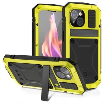 R-JUST Fullstendig beskyttende støtteetui for iPhone 15, PC+Silikon+Metall Telefondeksel med herdet glassfilm