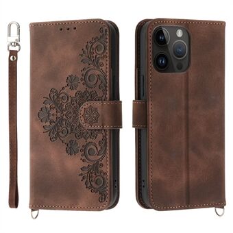 For iPhone 15 PU-skinn lommebokveske med trykket blomst, stativtelefondeksel med håndleddsrem + skulderrem.