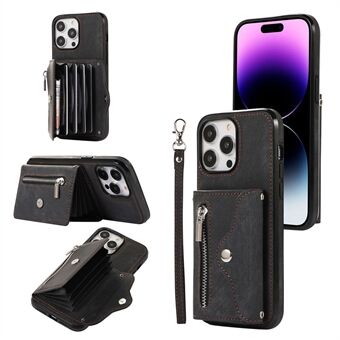 For iPhone 15 futteral med glidelåslomme, stativ og håndleddstropp i PU-lær+TPU, med RFID-blokkering og lommebokdeksel.
