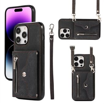 For iPhone 15 Glidelåslomme Telefonveske i PU-lær + TPU RFID-lommebok med støtte og stropper.