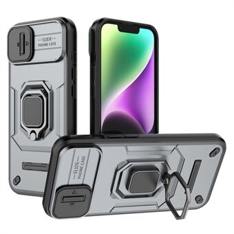 For iPhone 15 PC+TPU-slagfast telefonveske med beskyttelse for kamera og stativ for låsbarhet.