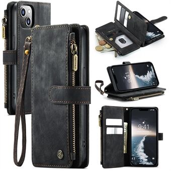 CASEME C30-serien for iPhone 15 lommebok telefondeksel i PU-skinn med flere kortspor, glidelåslomme og stativ.