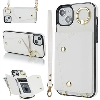 For iPhone 15. Lommeboktelefonveske med glidelås, PU-skinn + TPU-ringkickstand bakdeksel med 2 remmer.