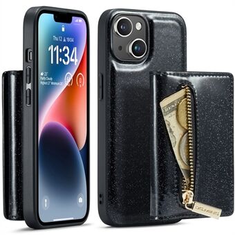 DG.MING M3-serien for iPhone 15 Avtagbart magnetisk lommebok-etui Glitrende lærdekket PC+TPU sparkstativ-telefondeksel