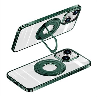 For iPhone 15 Elektroplatering PC-telefonveske i metall med sammenleggbar støtte, kompatibel med MagSafe.