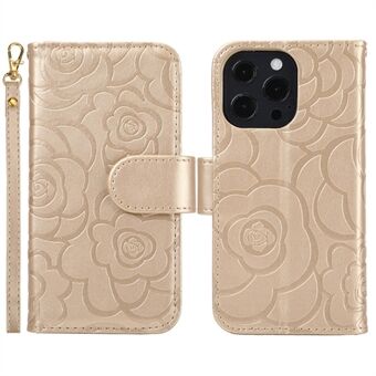 For iPhone 15 Camellia Imprint Protection-dekselet i kunstlær, med lommebokfunksjon og stativ til å støtte telefonen.